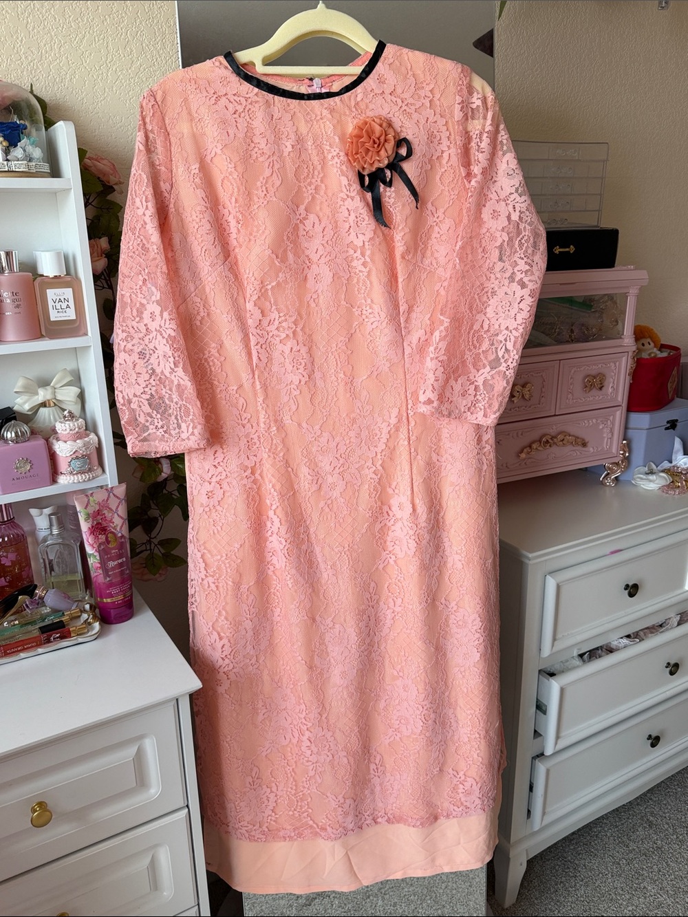 Vintage Inspired Peach Lace Vietnamese Ao Dai Dress with Floral Brooch